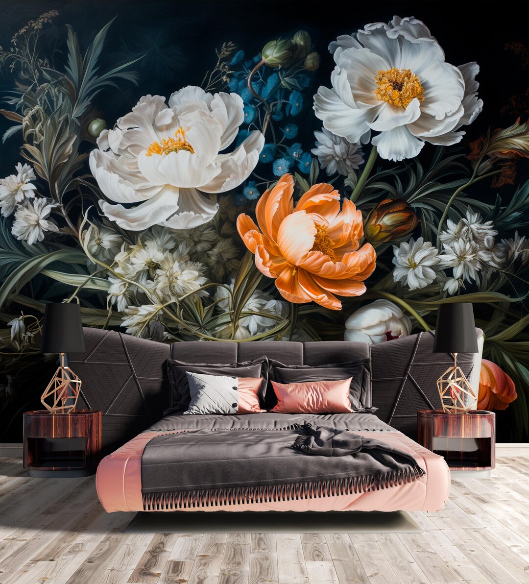Dark Floral Wall Mural | Moody Peony Peel and Stick Wallpaper | Large ...
