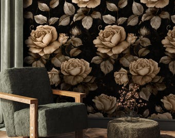 Vintage Sepia Dark Floral Wallpaper | Elegant Peony Wall Mural | Removable Moody Wall Decor
