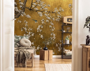 Chinoiserie Peel and Stick Wallpaper | Gold Leaf Cherry Blossom Wall Mural | Luxury Floral