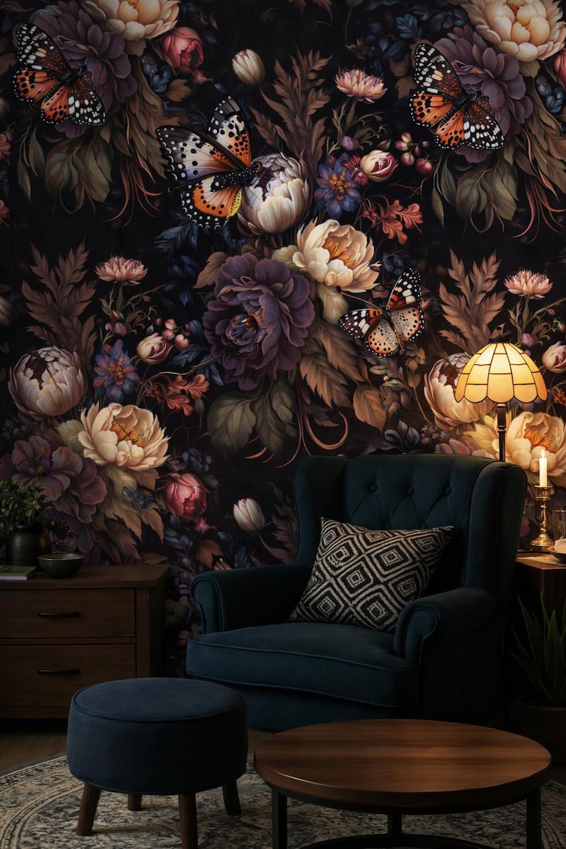 Dark Floral Butterfly Wallpaper | Moody Botanical Wall Mural | Peel and ...