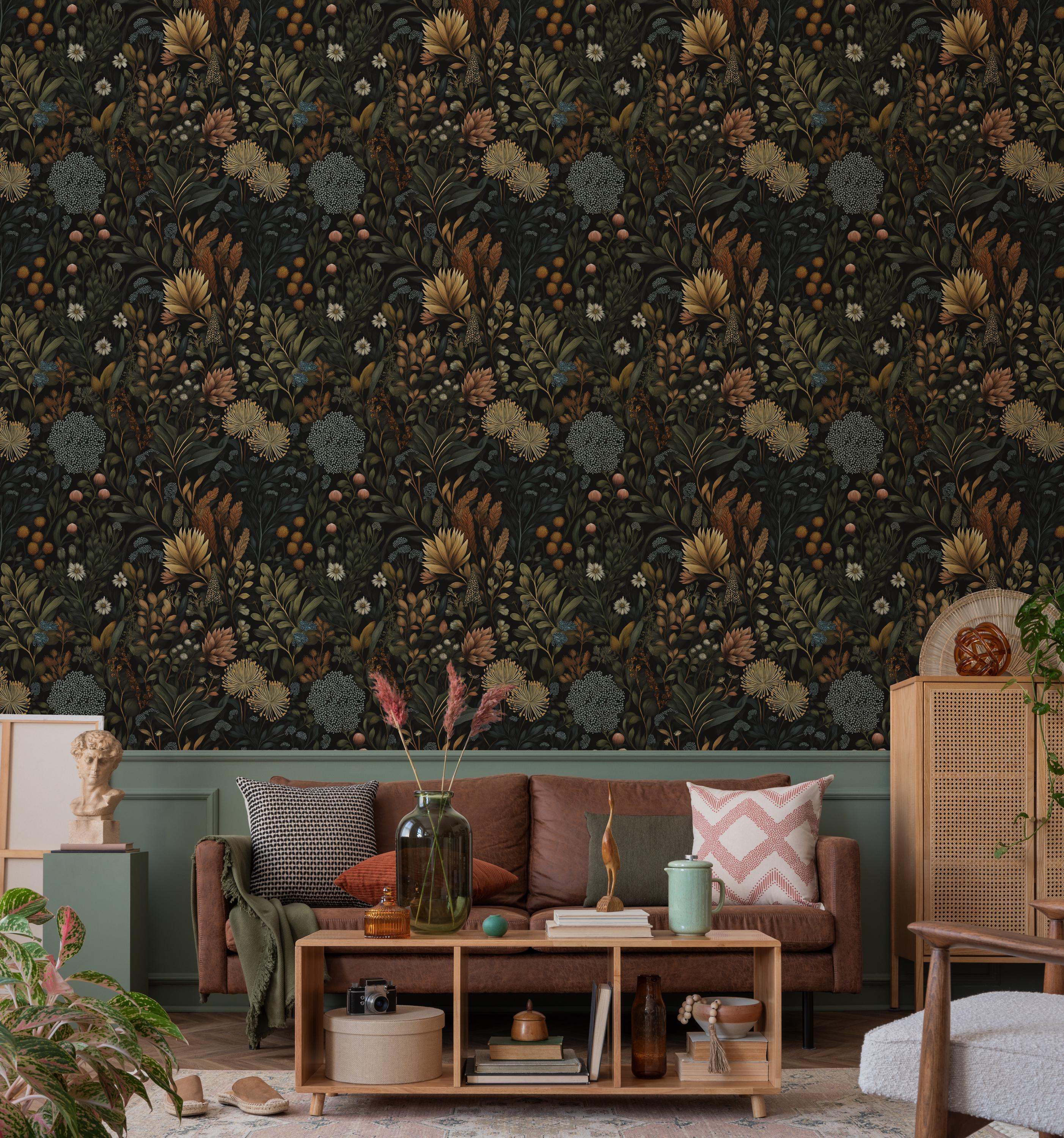 Moody Dark Botanical Wallpaper | Muted Dark Floral Peel and Stick Mural ...