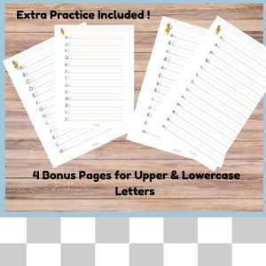 May include: Four white practice pages with handwriting lines and pencil illustrations. The pages include uppercase and lowercase letters for practice. Text on the pages reads "Extra Practice Included!" and "4 Bonus Pages for Upper & Lowercase Letters."