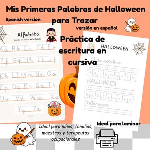 Peut inclure: Feuilles de travail éducatives sur le thème d'Halloween en espagnol. Une feuille présente l'alphabet, et l'autre se concentre sur la pratique de l'écriture cursive. Les feuilles incluent des illustrations de vampire, citrouille et fantôme.
