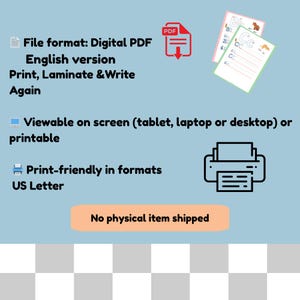 May include: Digital PDF file with English version, designed for printing, laminating, and writing. Includes printable formats and is viewable on screens. The image also shows a printer icon and the text "No physical item shipped."