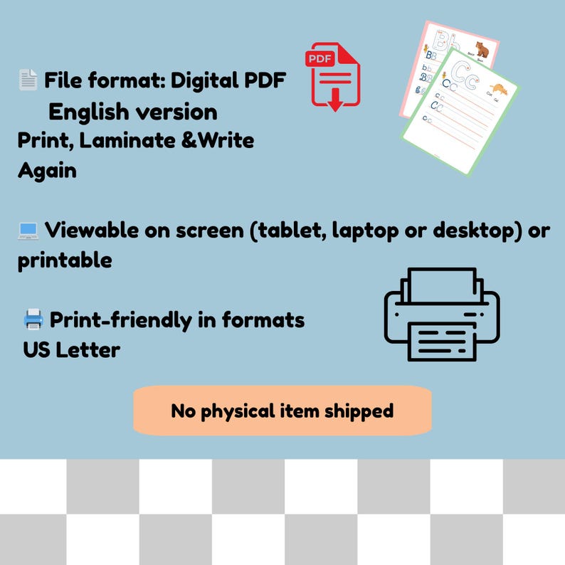 May include: Digital PDF file with English version, designed for printing, laminating, and writing. Includes printable formats and is viewable on screens. The image also shows a printer icon and the text "No physical item shipped."