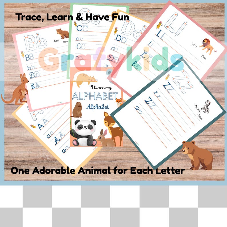 May include: A collection of colorful alphabet tracing worksheets for kids. Each sheet features a letter, tracing lines, and an animal illustration. The text reads "Trace, Learn & Have Fun" and "One Adorable Animal for Each Letter."