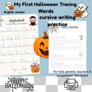 Peut inclure: Feuilles de travail de traçage sur le thème d'Halloween pour enfants. L'image présente des feuilles d'exercices d'alphabet et d'écriture cursive, une citrouille d'Halloween, un fantôme et les mots "Happy Halloween".