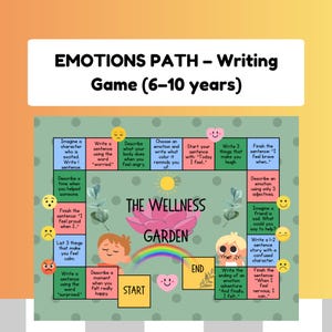 Peut inclure: Un jeu de société coloré intitulé "EMOTIONS PATH - Writing Game (6-10 ans)". Le jeu propose des questions pour explorer les émotions, avec des illustrations d'enfants et un arc-en-ciel. Le plateau de jeu présente un motif floral et les mots "The Wellness Garden".