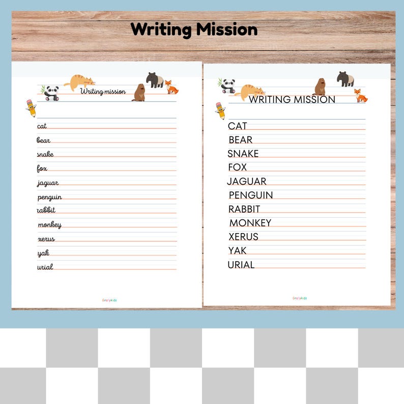 May include: Two white pages with lined paper for writing practice. The pages feature the title "Writing Mission" and a list of animal names, including "cat," "bear," and "snake." Cute animal illustrations decorate the top of the pages.