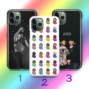 May include: Three smartphone cases featuring distinct designs. Case 1 shows a black and white image of a performer. Case 2 has a white background with a repeating pattern of pregnant woman emojis. Case 3 displays two people and the text OVOXO.