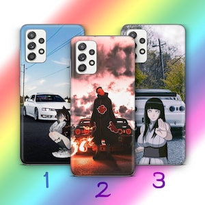 May include: Three rectangular smartphone cases featuring anime-style illustrations. Case 1 shows a white car and a character. Case 2 depicts a cloaked figure in front of a car against a sunset sky. Case 3 displays a character before a white car.