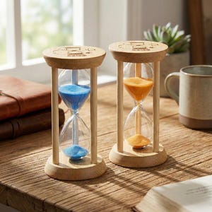 Könnte beinhalten: Zwei Sanduhren mit Holzrahmen und Sockeln. Eine enthält blauen Sand, die andere orangen Sand. Die Sanduhren stehen auf einer Holzoberfläche, im Hintergrund eine Tasse und eine Pflanze. Die Oberseiten der Sanduhren haben gravierten Text.