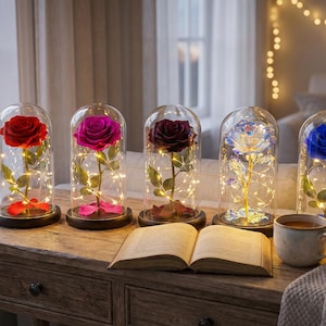 May include: Five glass domes display preserved roses in red, fuchsia, burgundy, iridescent, and blue, each lit by fairy lights. An open book and a mug are on a wooden table. The scene is set in a room with a window.