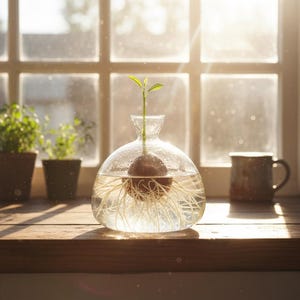 Puede incluir: Un jarr&oacute;n de propagaci&oacute;n de vidrio transparente con una semilla de aguacate germinando, con ra&iacute;ces sumergidas en agua. El jarr&oacute;n est&aacute; sobre una superficie de madera cerca de una ventana, con luz solar. Una peque&ntilde;a planta verde crece.