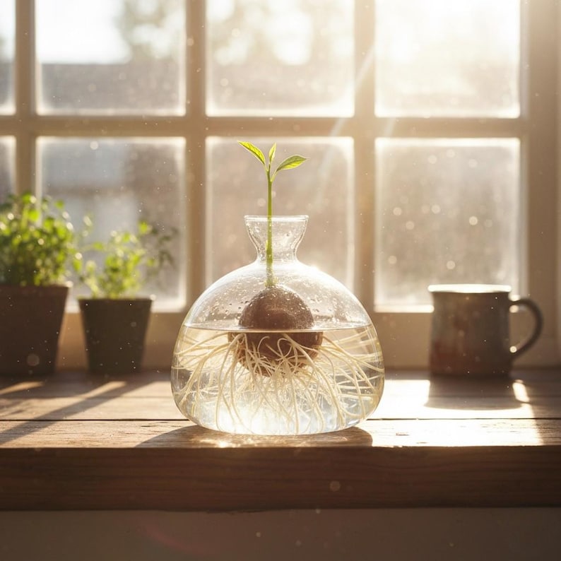 Puede incluir: Un jarr&oacute;n de propagaci&oacute;n de vidrio transparente con una semilla de aguacate germinando, con ra&iacute;ces sumergidas en agua. El jarr&oacute;n est&aacute; sobre una superficie de madera cerca de una ventana, con luz solar. Una peque&ntilde;a planta verde crece.