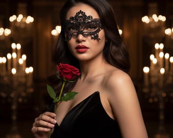 Black Lace Masquerade Mask, Venetian Floral Eye Mask, Halloween Costume