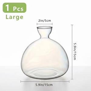 Puede incluir: Un jarr&oacute;n de vidrio transparente con un cuerpo bulboso y un cuello estrecho. El jarr&oacute;n mide 15 cm de ancho y 15 cm de alto, con una abertura de 5 cm. El texto "1 Pcs Large" est&aacute; en la esquina superior izquierda.