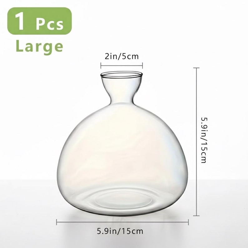 Puede incluir: Un jarr&oacute;n de vidrio transparente con un cuerpo bulboso y un cuello estrecho. El jarr&oacute;n mide 15 cm de ancho y 15 cm de alto, con una abertura de 5 cm. El texto "1 Pcs Large" est&aacute; en la esquina superior izquierda.