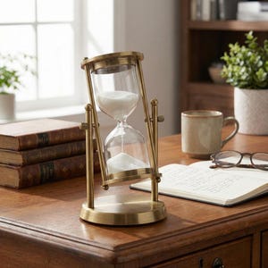 May include: A vintage brass hourglass with clear glass bulbs containing white sand. The hourglass is supported by a brass frame. The design is decorative, suitable for home decor or as a desk accessory. The hourglass is approximately 15 cm tall.