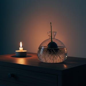 Puede incluir: Un jarr&oacute;n de vidrio transparente para cultivar aguacates con una semilla de aguacate suspendida en agua, mostrando ra&iacute;ces y un brote. Una vela encendida en un peque&ntilde;o soporte redondo est&aacute; a la izquierda sobre una superficie de madera.