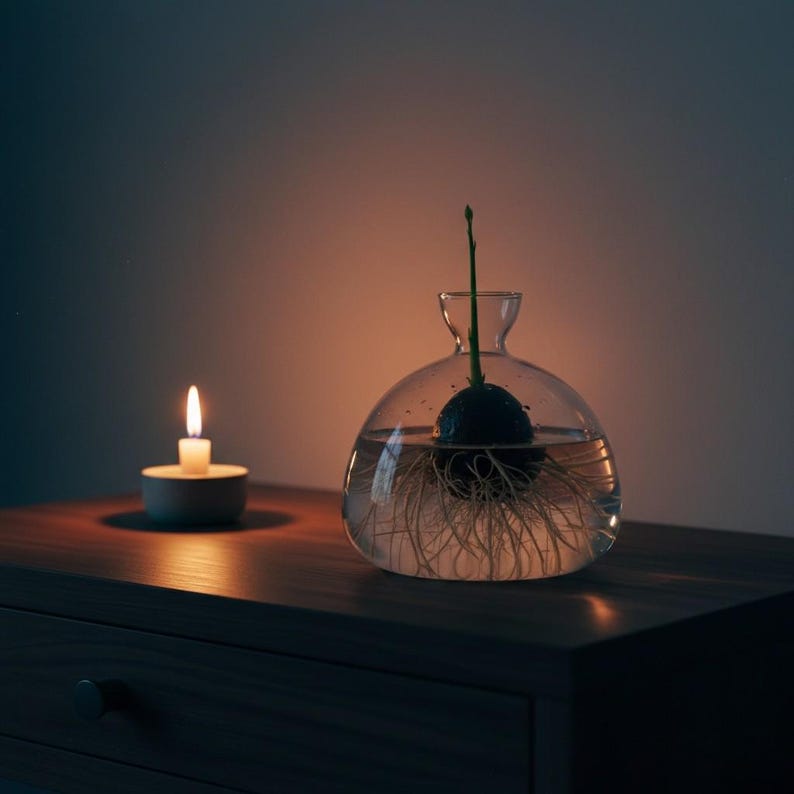 Puede incluir: Un jarr&oacute;n de vidrio transparente para cultivar aguacates con una semilla de aguacate suspendida en agua, mostrando ra&iacute;ces y un brote. Una vela encendida en un peque&ntilde;o soporte redondo est&aacute; a la izquierda sobre una superficie de madera.