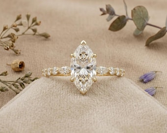 Marquise Cut Lab Grown Diamond Engagement Ring, Vintage Inspired Gold Promise Ring for Women