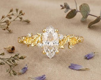 Marquise Lab Grown Diamond Engagement Ring, Vintage Leaf Vine Gold Bridal Ring