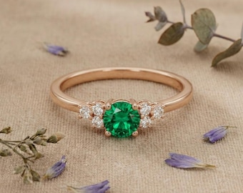 Lab Grown Diamond Engagement Ring, Round Green Halo Ring, Rose Gold Promise Ring, Minimalist Bridal Jewelry