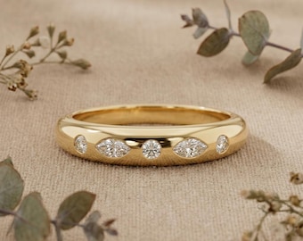 Złota obrączka z diamentami markiza 14K, minimalistyczna obrączka ślubna, obrączka rocznicowa w oprawie płaskiej