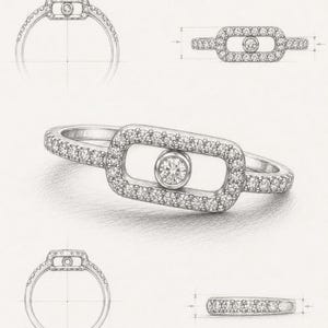 May include: A detailed pencil sketch of a ring design. The ring features a rectangular center with a single, prominent gemstone, surrounded by smaller stones. The band and rectangular frame are also adorned with small gemstones, showcasing a delicate and intricate design.