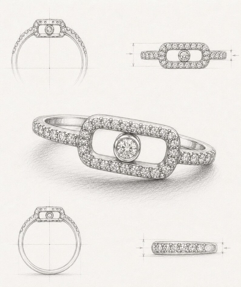 May include: A detailed pencil sketch of a ring design. The ring features a rectangular center with a single, prominent gemstone, surrounded by smaller stones. The band and rectangular frame are also adorned with small gemstones, showcasing a delicate and intricate design.