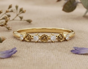 Lab Grown Diamond Rose Ring, Minimalist Gold Engagement Ring, Floral Promise Ring, Anniversary Gift for Women