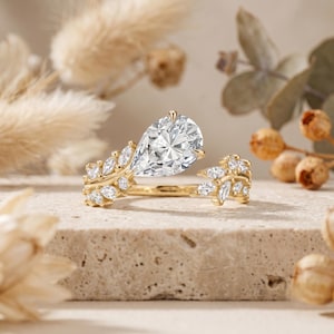 Pear Diamond Open Bypass Engagement Ring | Leaf Marquise Pavé Wedding Ring 14K Gold Nature Inspired Promise Ring | Anniversary Gift For Her
