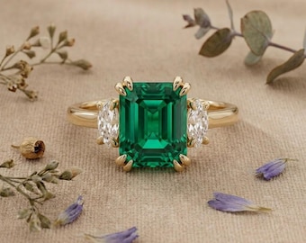 Lab Grown Diamond Engagement Ring, Emerald Cut Green Three Stone Ring, Yellow Gold Bridal Ring