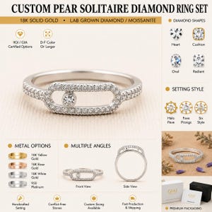 May include: A custom pear solitaire diamond ring set in 18K solid gold. The ring features a central diamond and is surrounded by smaller stones. The design includes a halo pave setting style. The ring is available in multiple metal options.