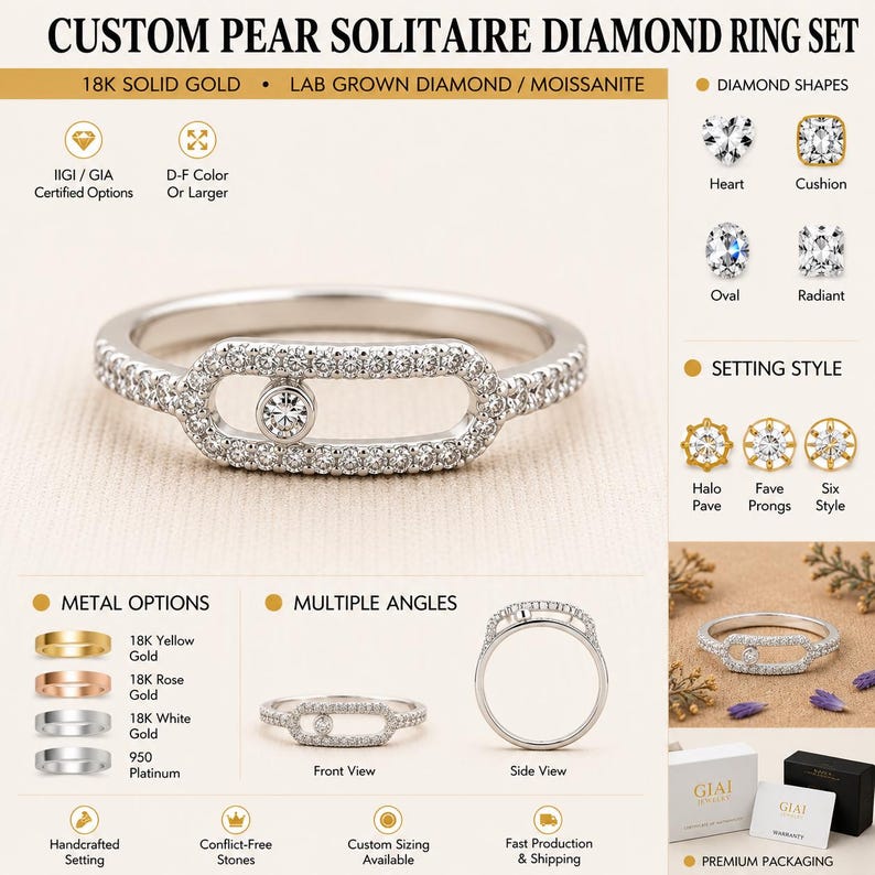 May include: A custom pear solitaire diamond ring set in 18K solid gold. The ring features a central diamond and is surrounded by smaller stones. The design includes a halo pave setting style. The ring is available in multiple metal options.