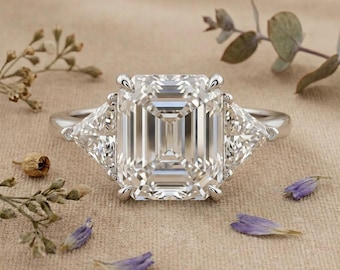 Asscher Cut Lab Grown Diamond Engagement Ring, Three Stone Trillion Stones, White Gold Ring