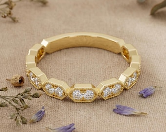 Lab Grown Diamond Hexagon Eternity Ring, 14K Gold Milgrain Wedding Band