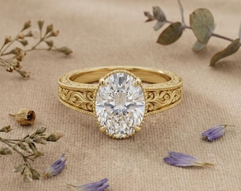 Oval Lab Grown Diamond Engagement Ring, Vintage Engraved Gold Solitaire Promise Ring