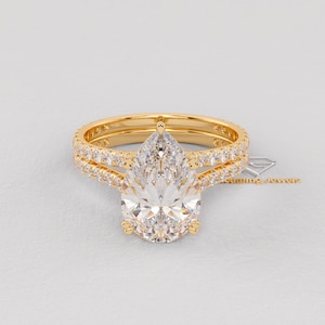 3 Carat Pear Lab Diamond Engagement Ring, Split Shank, IGI Certified 14K Gold USA