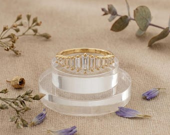 Baguette Lab Grown Diamond Ring, Curved Gold Wedding Band, Minimalist Anniversary Ring for Women