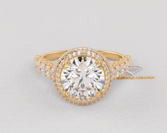 Lab Grown Diamond Double Halo Engagement Ring | Round Brilliant Cut, 3.59 CTW Gold Ring
