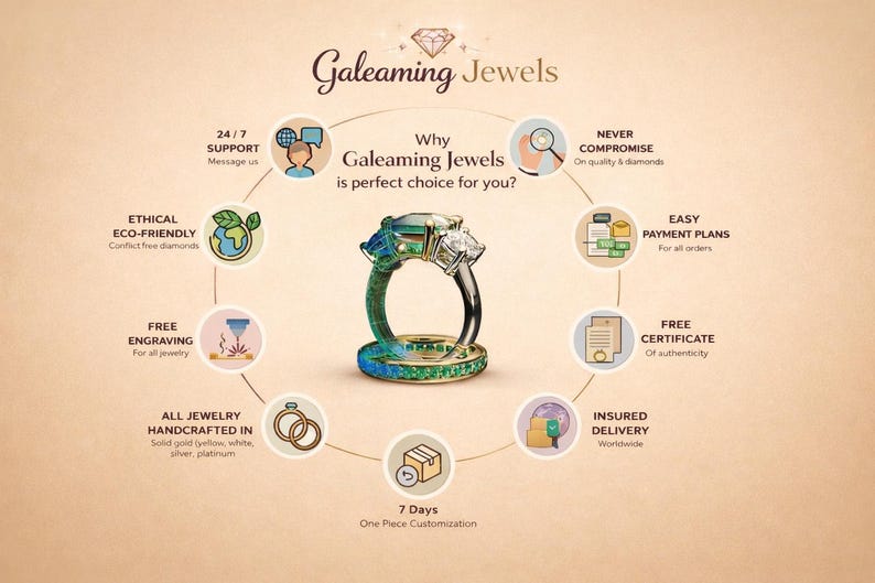 May include: An advertisement for Galeaming Jewels, featuring a three-stone ring with emerald and diamond accents. The image highlights ethical sourcing, free engraving, and insured delivery. Text includes "24/7 Support" and "Free Certificate of authenticity."
