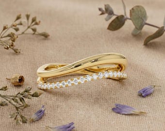 Lab Grown Diamond Wave Ring, 14K Gold Pave Wedding Band, Minimalist Stackable Engagement Ring