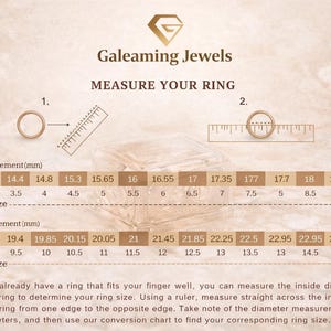 May include: Image from Galeaming Jewels showing how to measure a ring size. Includes a ring, ruler, and conversion chart with measurements in millimeters and ring sizes from 3 to 14.5.
