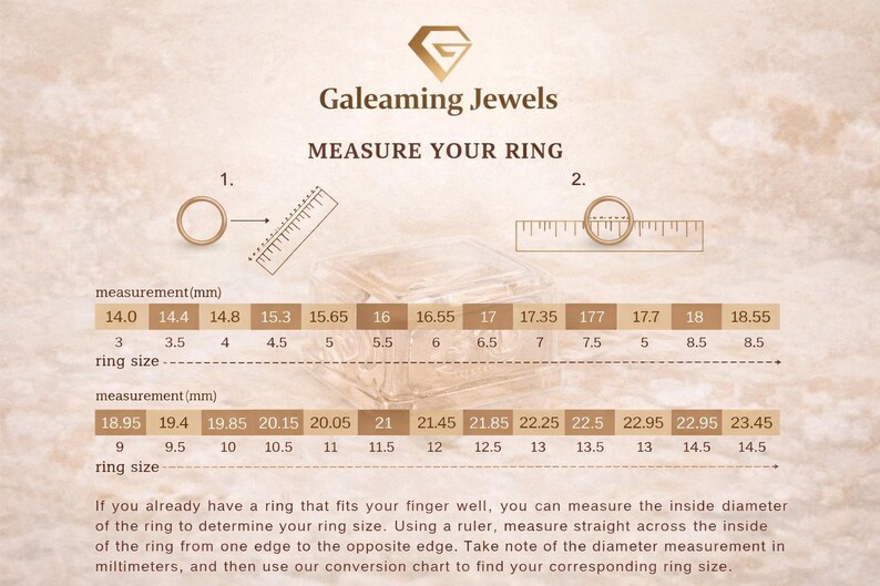 May include: Image from Galeaming Jewels showing how to measure a ring size. Includes a ring, ruler, and conversion chart with measurements in millimeters and ring sizes from 3 to 14.5.