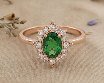 Lab Grown Diamond Halo Engagement Ring, Oval Green Stone Ring, Vintage Starburst Ring, Rose Gold Promise Ring