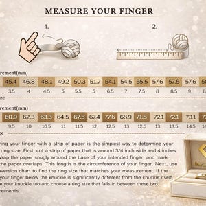 May include: A guide to measuring finger size for rings. The image shows a hand pointing to a paper strip wrapped around a finger, and a ruler. A chart converts measurements in millimeters to ring sizes, with a ring box in the corner.
