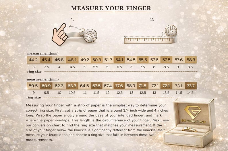 May include: A guide to measuring finger size for rings. The image shows a hand pointing to a paper strip wrapped around a finger, and a ruler. A chart converts measurements in millimeters to ring sizes, with a ring box in the corner.