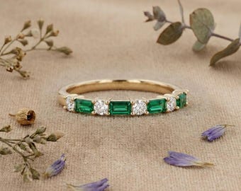 Lab Grown Diamond Wedding Band, Emerald Cut Green Eternity Ring, Yellow Gold Anniversary Band